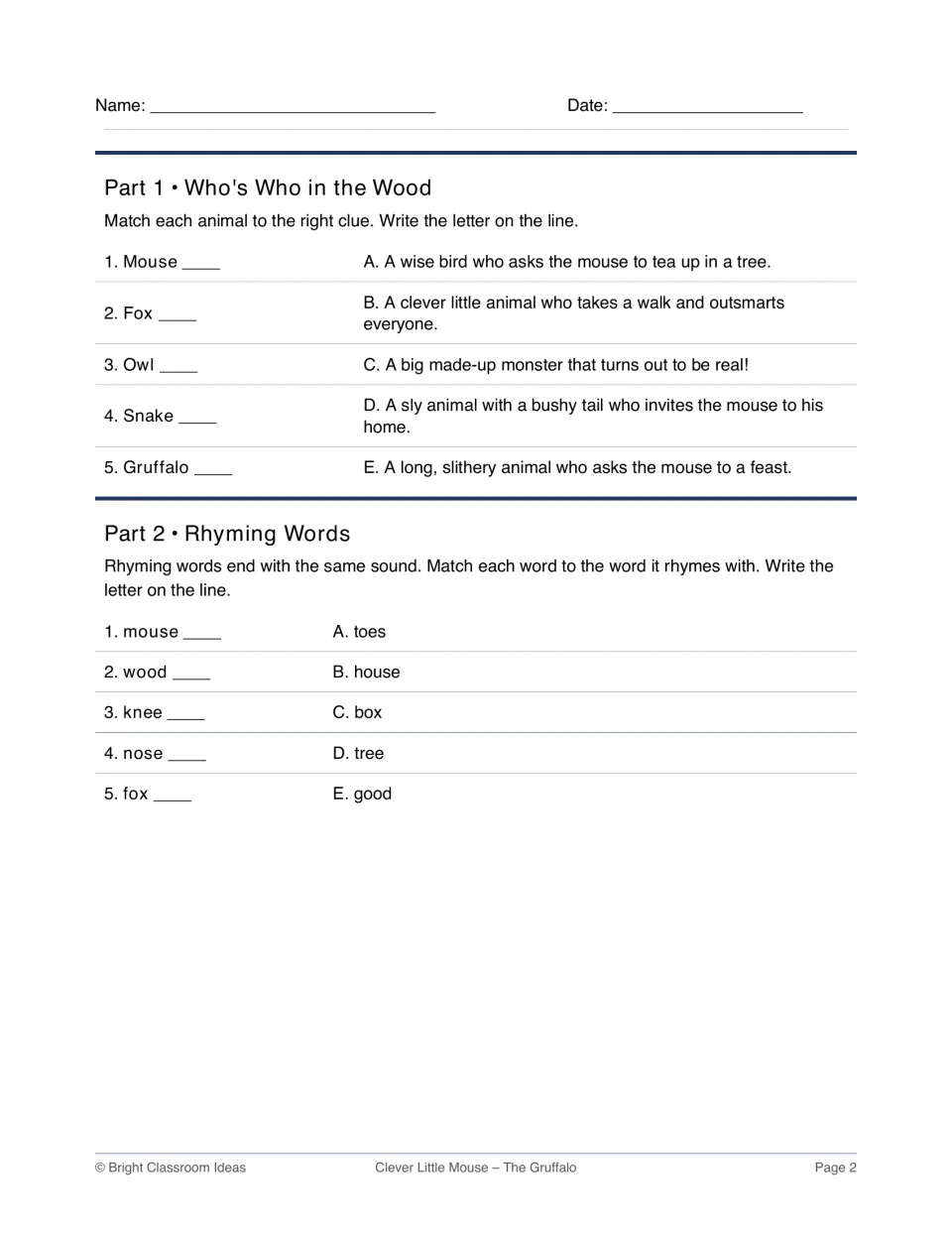 Parts 1–2: match Mouse, Fox, Owl, Snake, and Gruffalo to clues, then match five words to their rhymes
