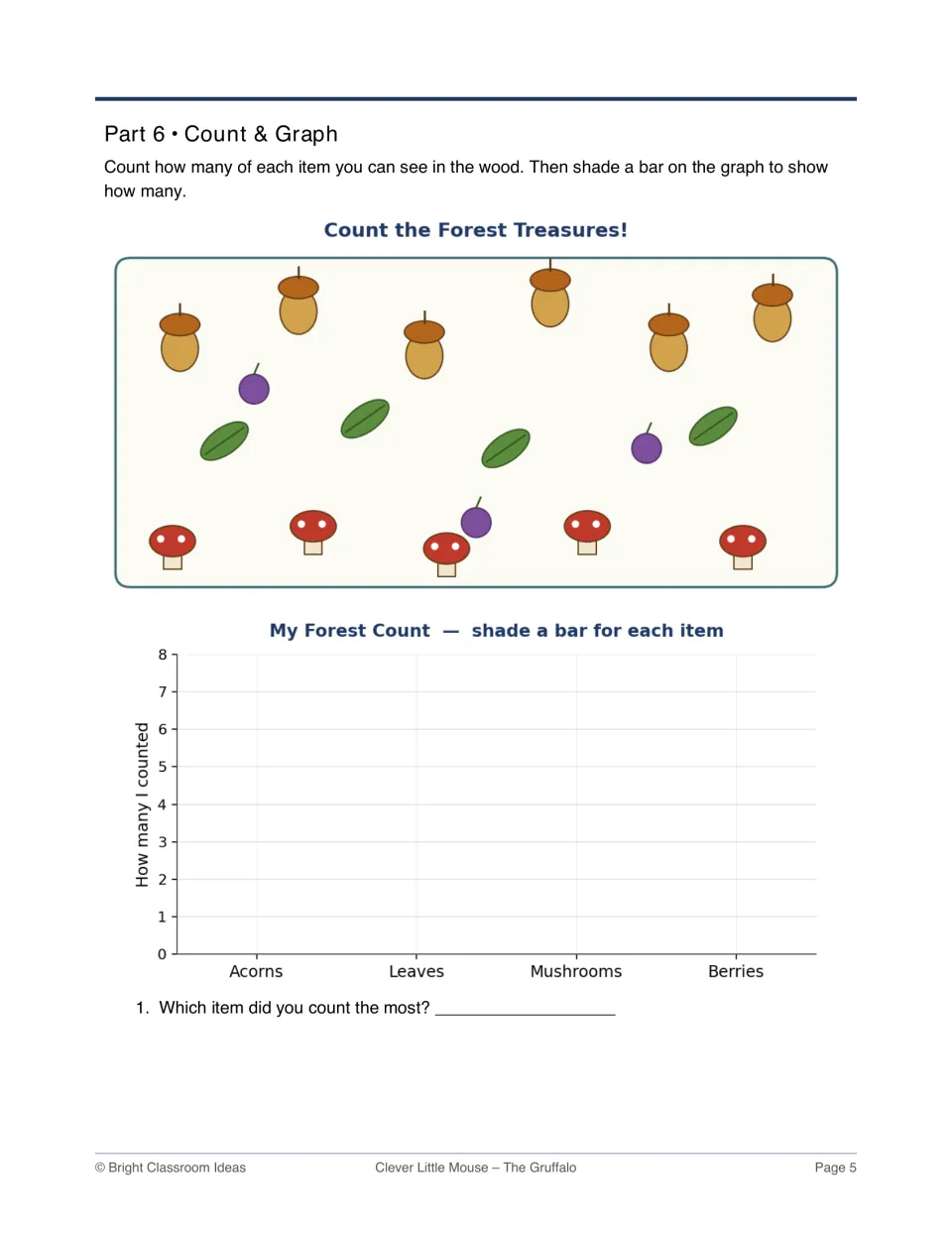 Part 6: count six acorns, four leaves, five mushrooms, and three berries, then shade bars to show totals
