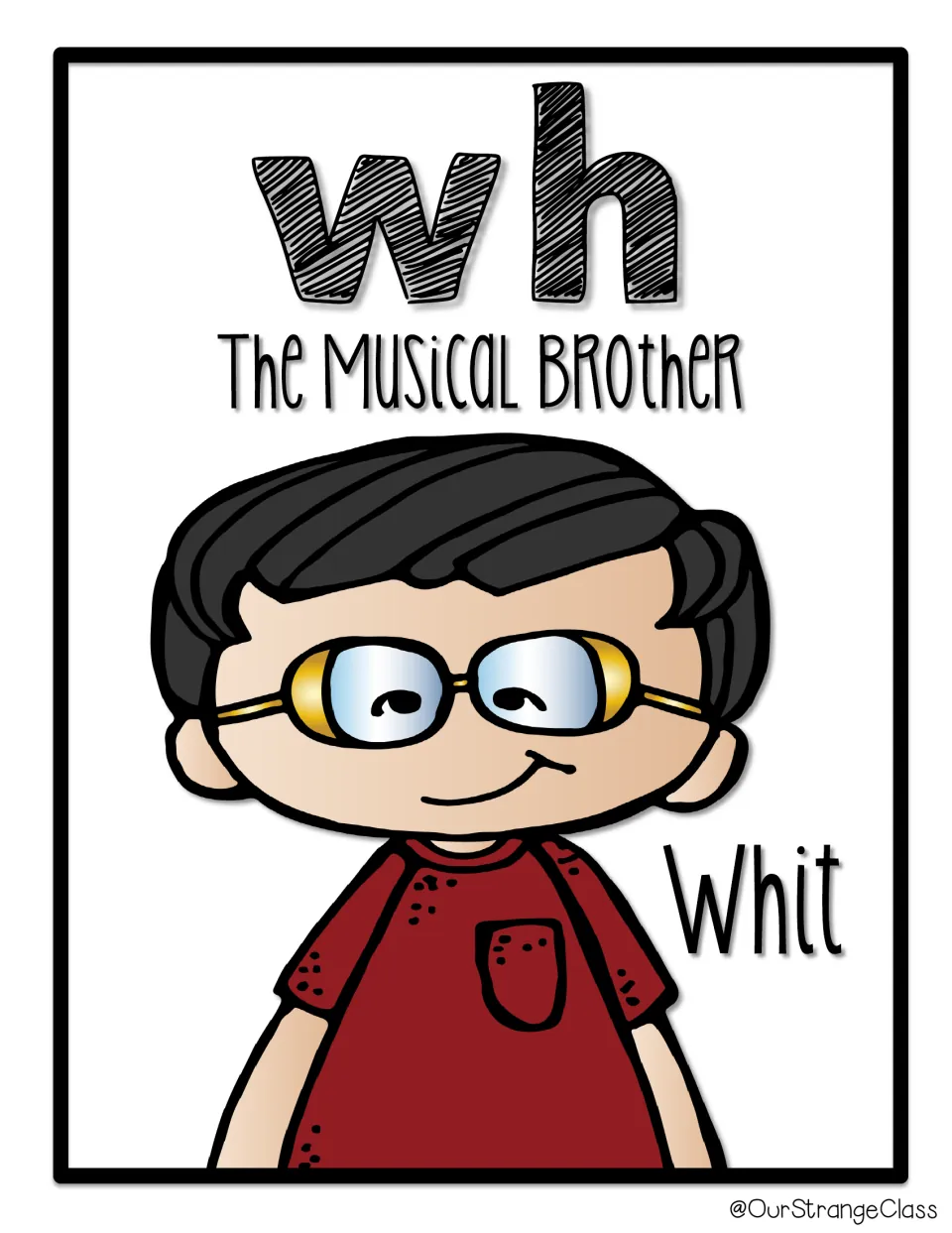 Digraph wh poster: Whit, the musical brother, shown with glasses and a red shirt beside the large letters wh
