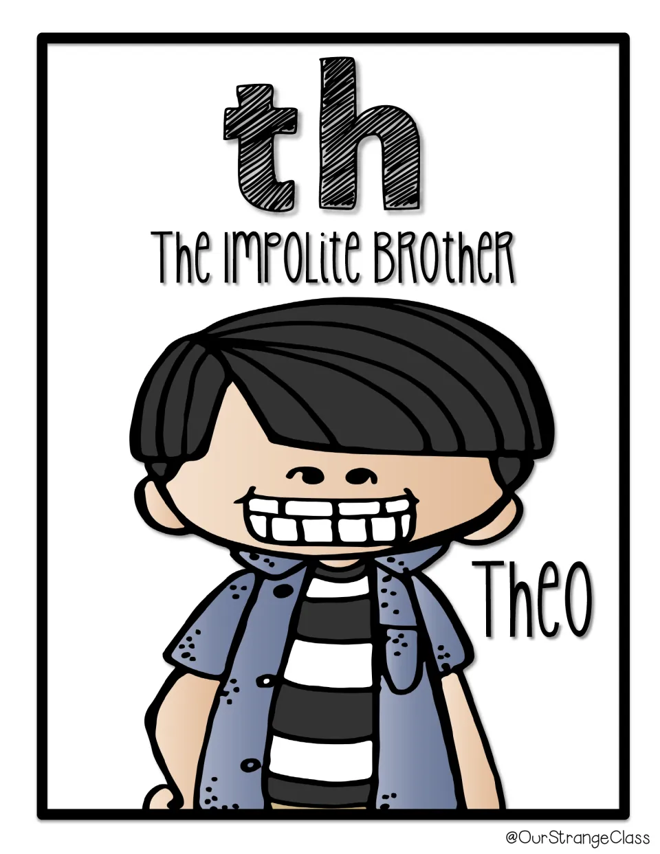 Digraph th poster: Theo, the impolite brother, grinning in a striped shirt and jacket beneath the large letters th