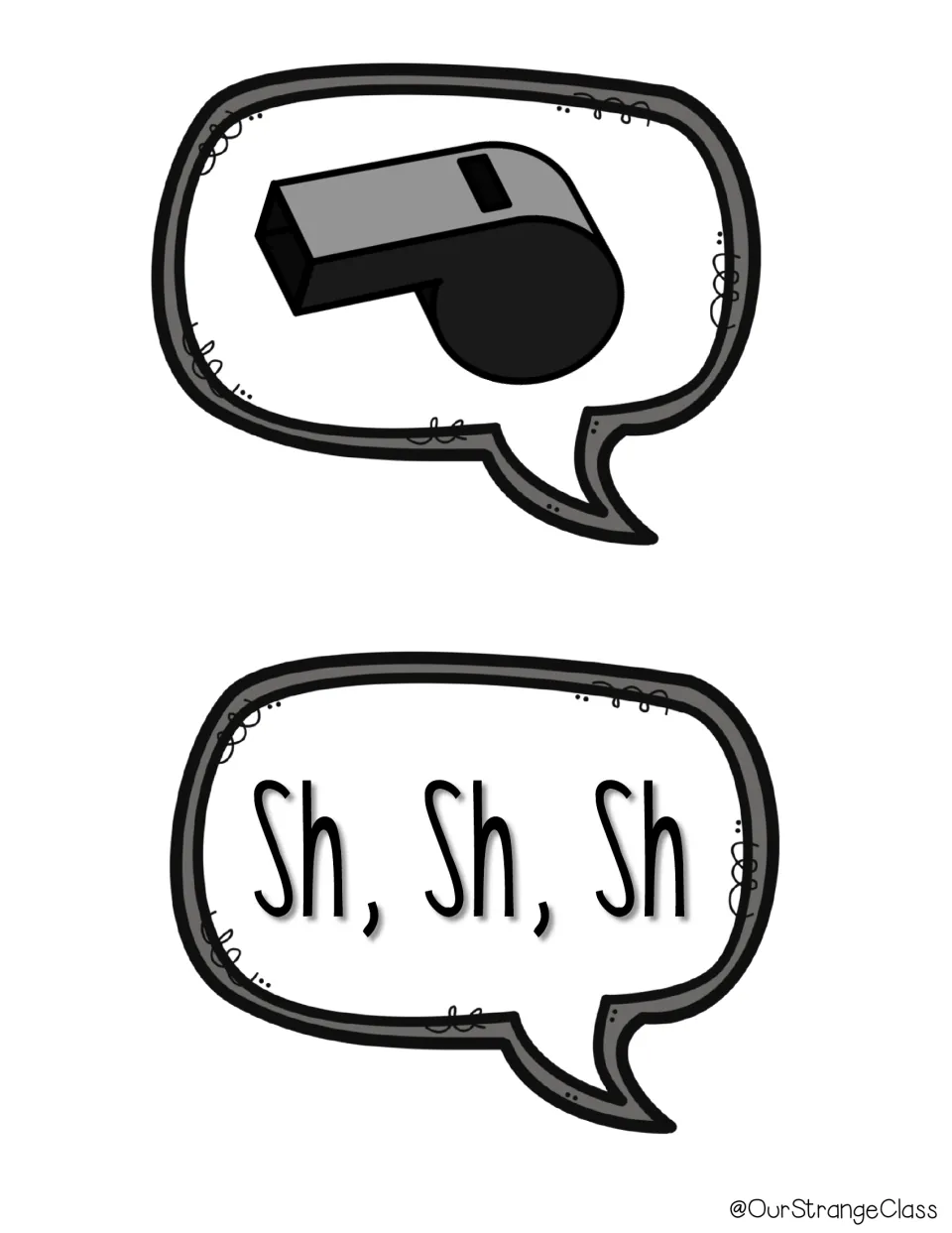 Sound speech bubbles for wh and sh: one bubble shows a whistle and the other reads Sh, Sh, Sh as sound cues for students