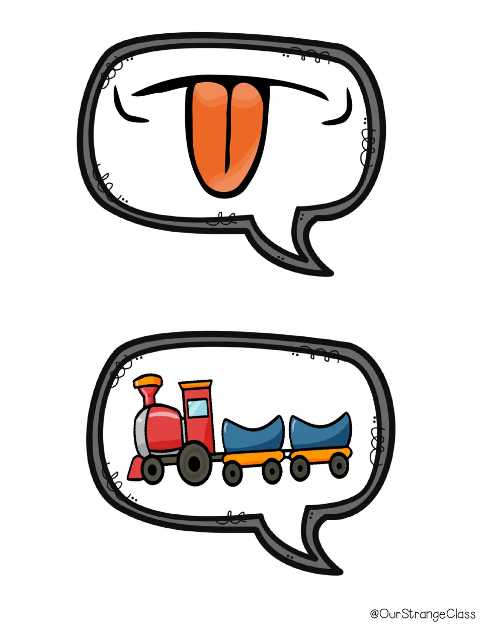Sound speech bubbles for th and ch: one bubble shows a tongue sticking out and the other a toy train as picture sound cues