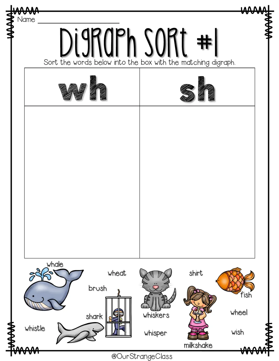 Digraph Sort #1: students sort words such as whale, shark, wheat, brush, whisper and fish into wh and sh word groups