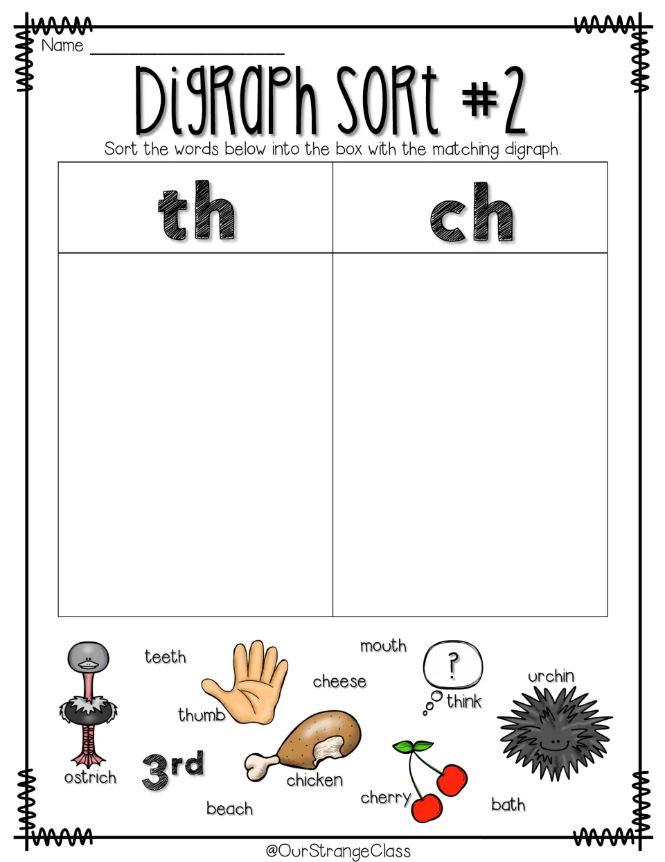 Digraph Sort #2: students sort words such as teeth, thumb, cheese, chicken, cherry and bath under th or ch headings
