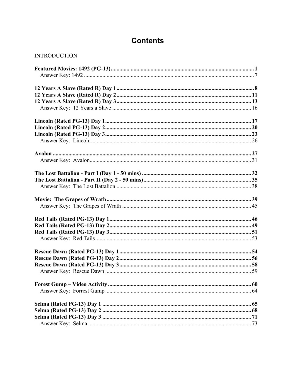 Contents page listing film activities and answer keys from 1492 through Selma, including Lincoln and Red Tails