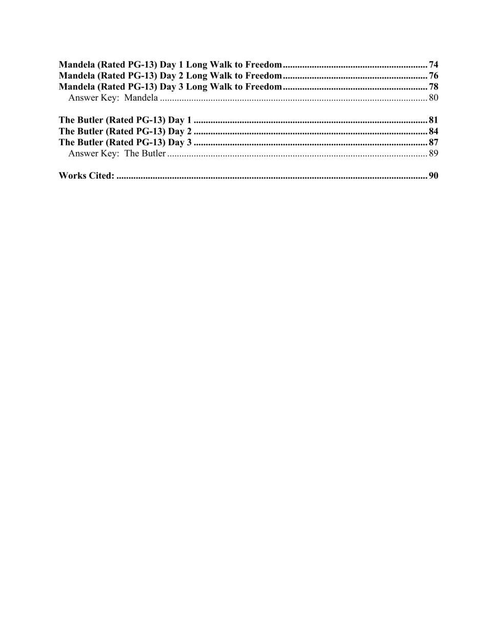 Contents continuation listing three days each for Mandela and The Butler, their answer keys, and Works Cited