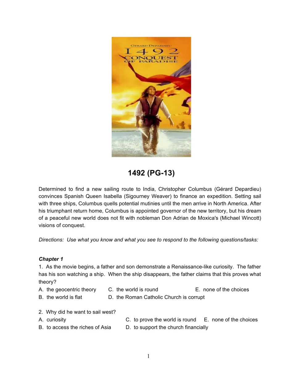 Opening 1492 activity page with a film synopsis and Chapter 1 questions on Earth's shape and sailing west