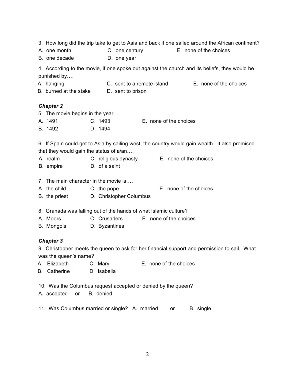 1492 activity questions 3–11 cover travel around Africa, church punishment, Spain, Columbus, and the queen