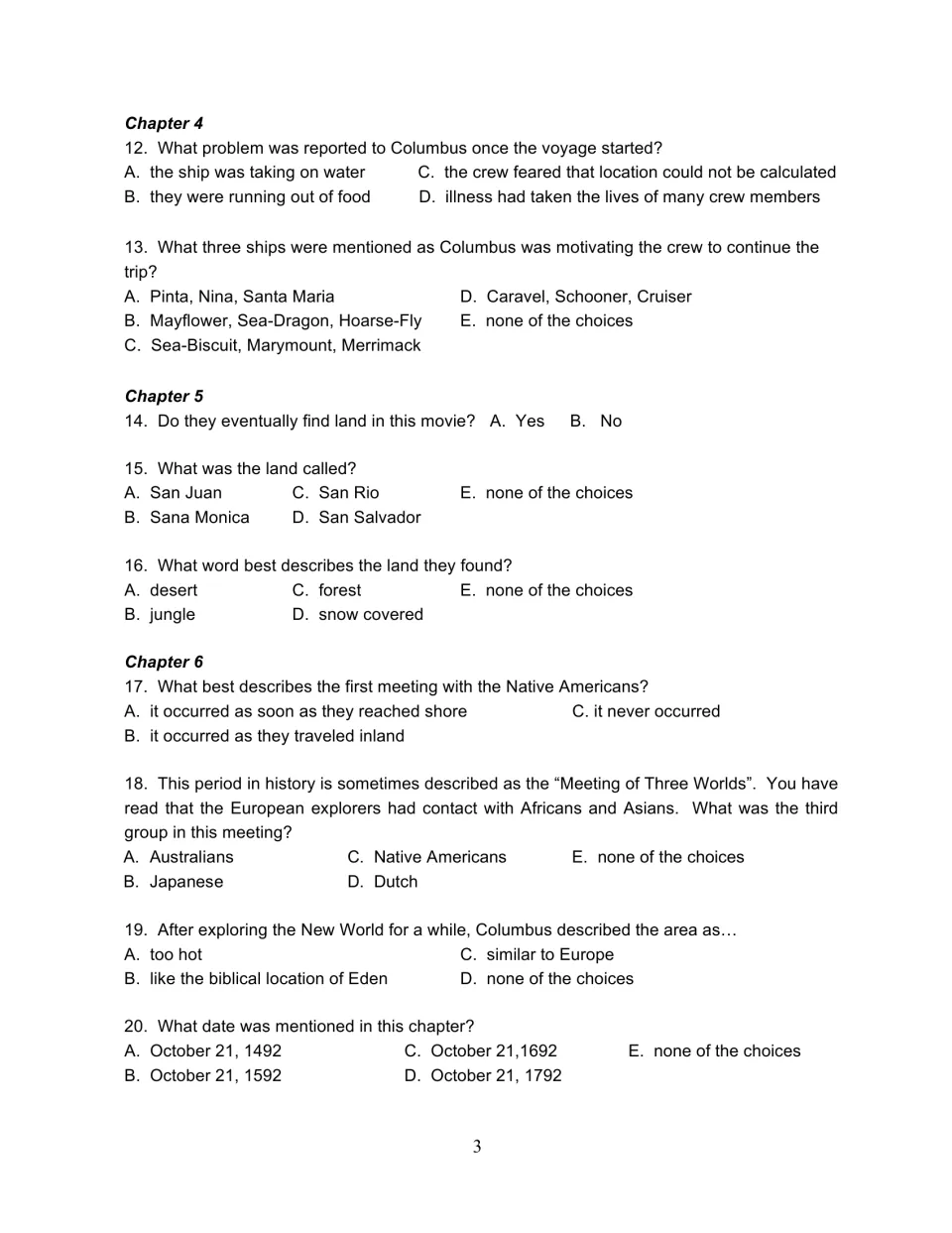 1492 activity questions 12–20 cover Columbus's ships, finding land, and encounters with Native Americans