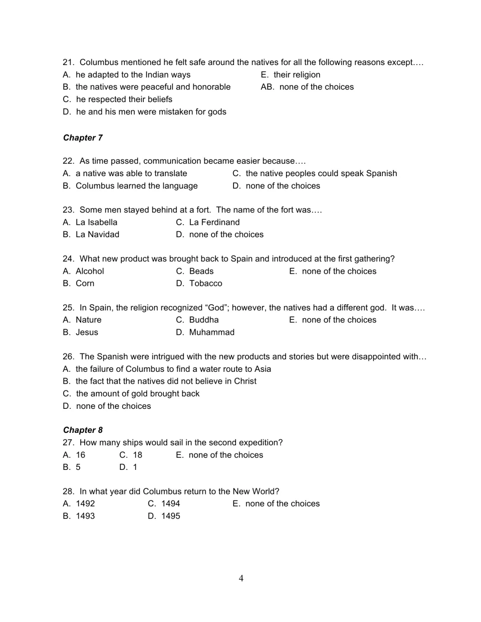 1492 activity questions 21–28 address Native peoples, communication, Spain, and Columbus's second expedition