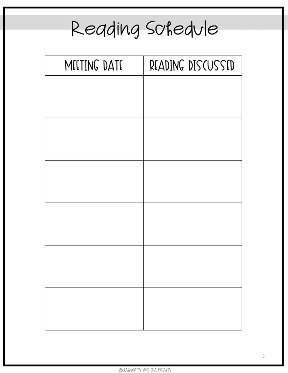 Reading schedule: students log each meeting date alongside the reading discussed, planning six group meetings