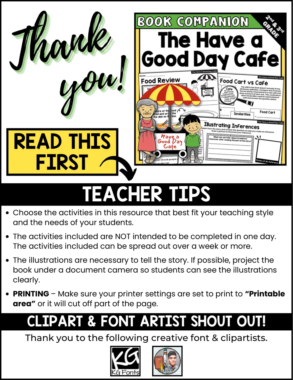 Teacher tips for the book companion cover activity pacing, displaying illustrations, and print settings.