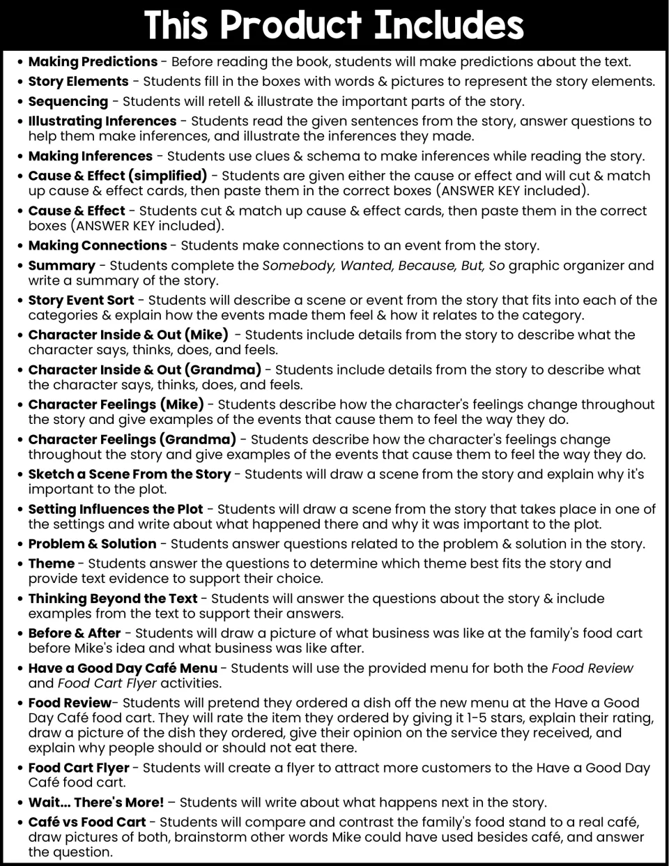 Book companion activity overview lists predictions, story elements, inferences, character study, and writing.