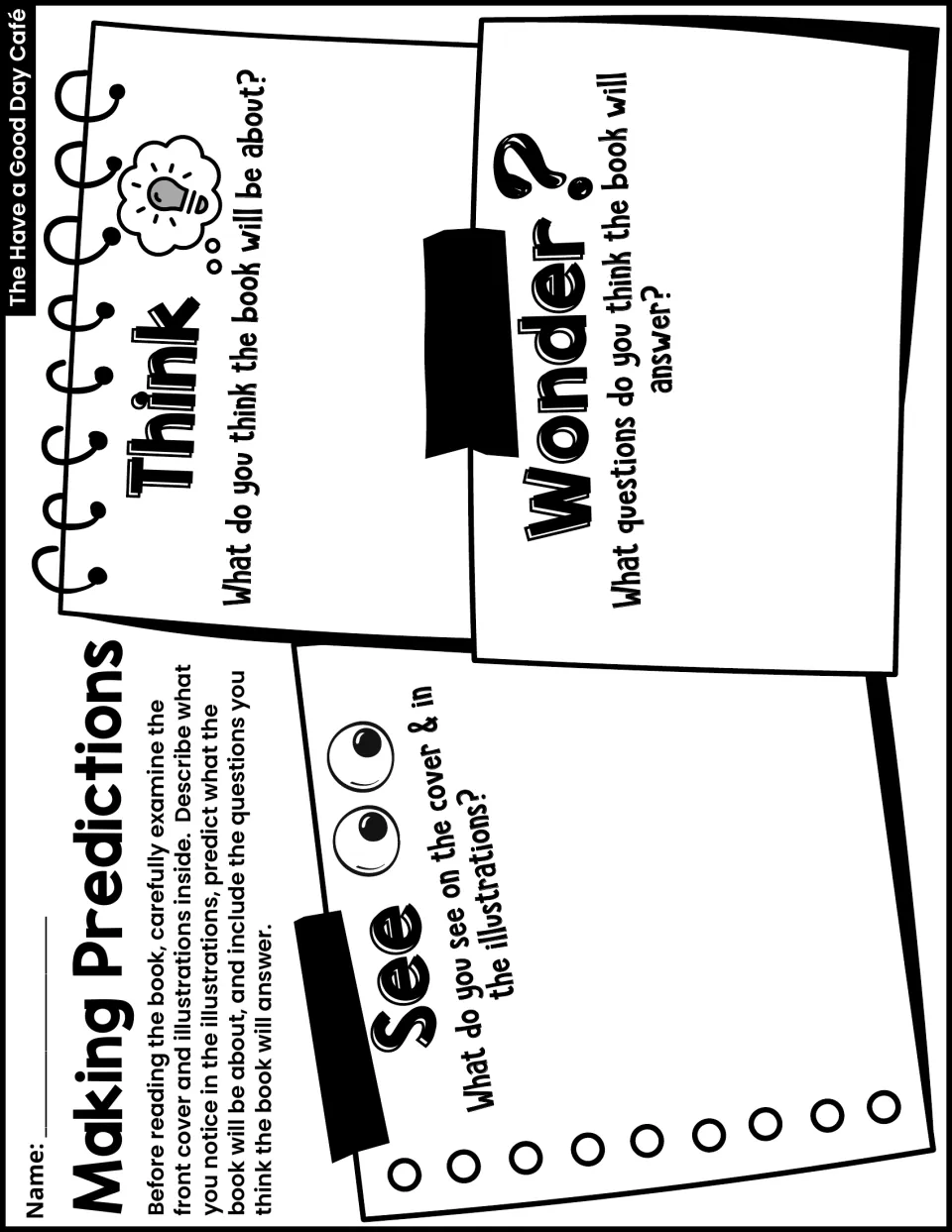 Making Predictions activity asks students what they see, think, and wonder about the book before reading.