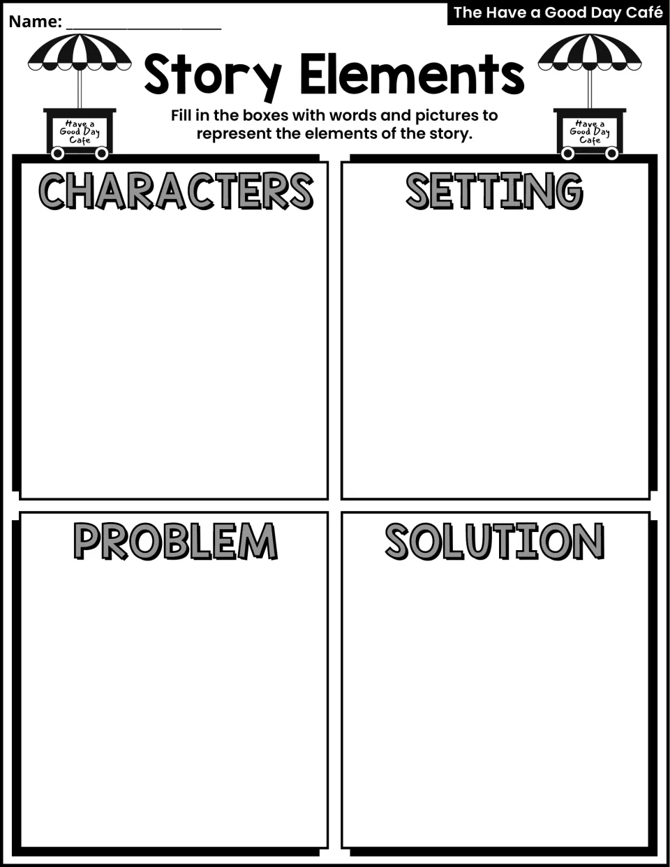 Story Elements activity asks students to represent characters, setting, problem, and solution in words and pictures.
