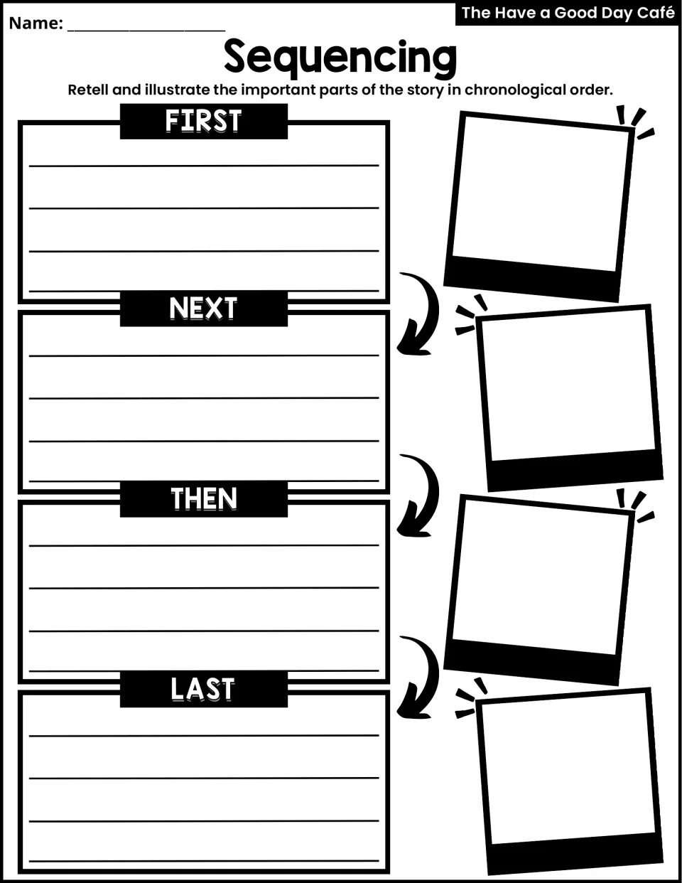 Sequencing activity asks students to retell and illustrate story events in order using First, Next, Then, and Last.