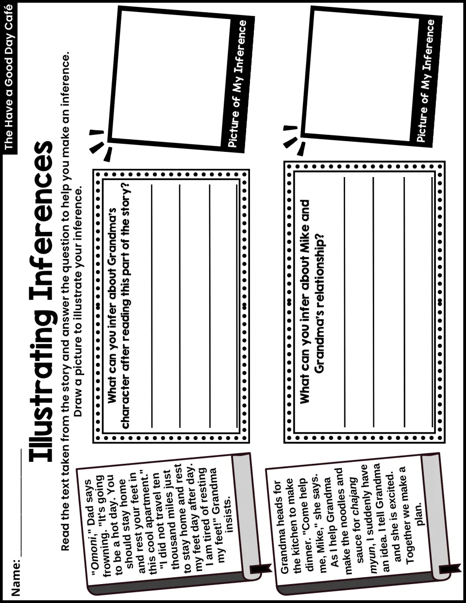 Illustrating Inferences uses two story excerpts to ask about Grandma's character and her relationship with Mike.