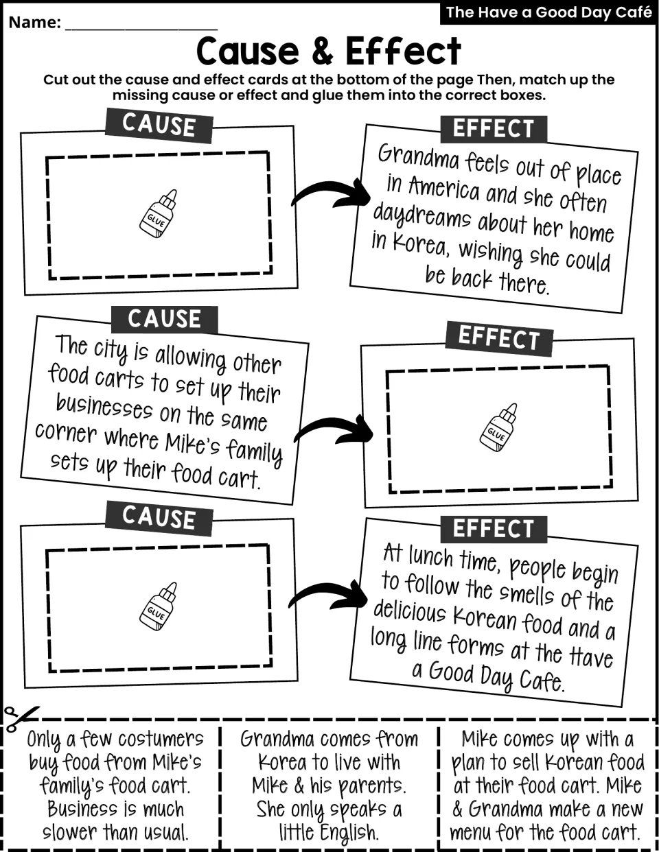 Simplified cause-and-effect activity asks students to match three missing causes or effects about the food cart story.