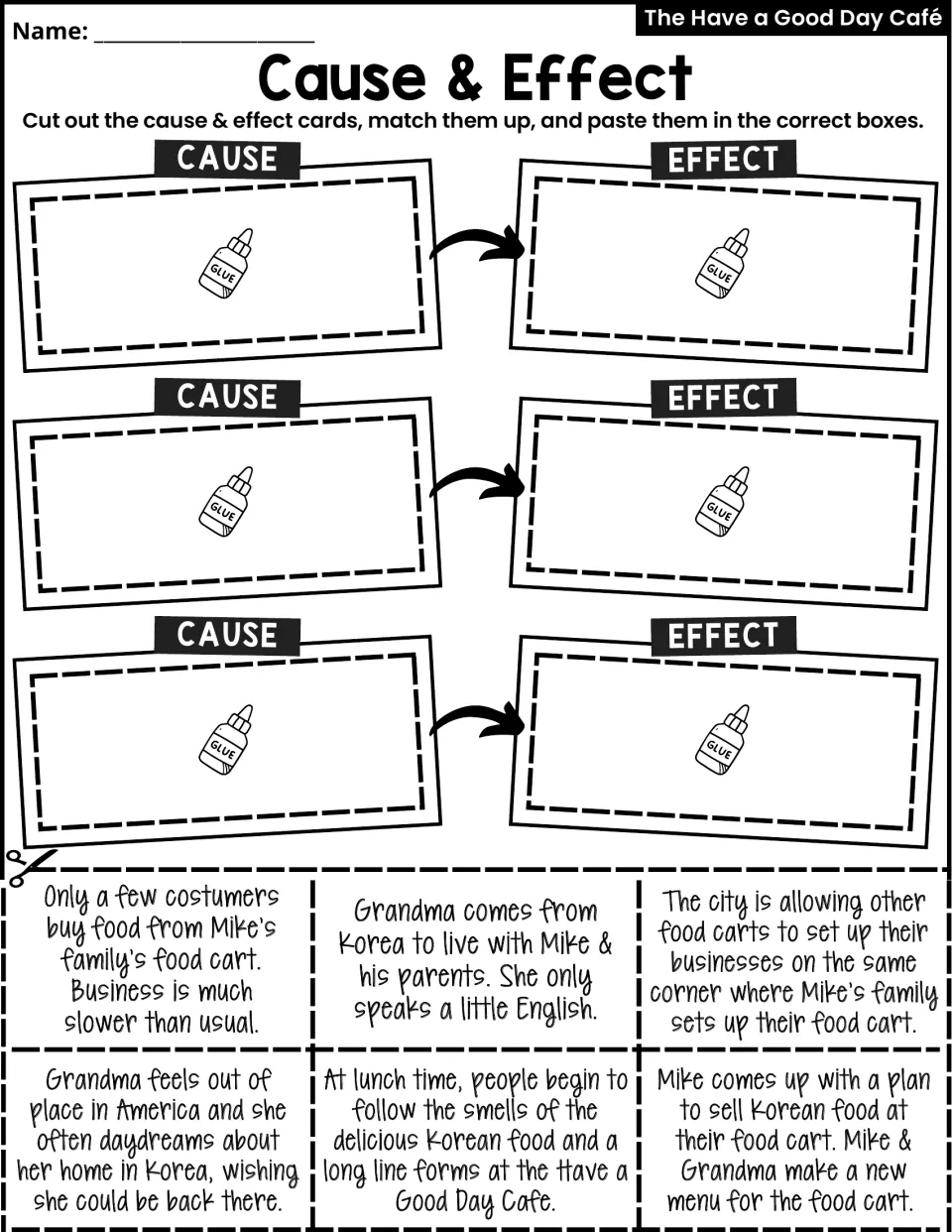 Cause-and-effect activity has six cards to match into three pairs about Grandma, competition, and Korean food.