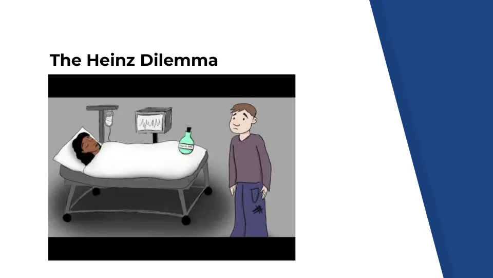 Dilemma lesson slide features an illustrated scene of a man beside a hospitalized woman, with medicine nearby
