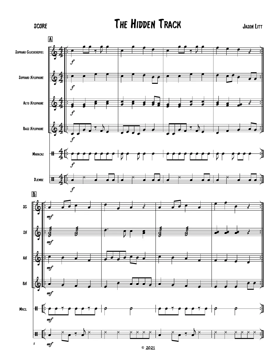 The Hidden Track Orff score, sections A and B: glockenspiel, three xylophones, maracas and djembe parts in 4/4 time