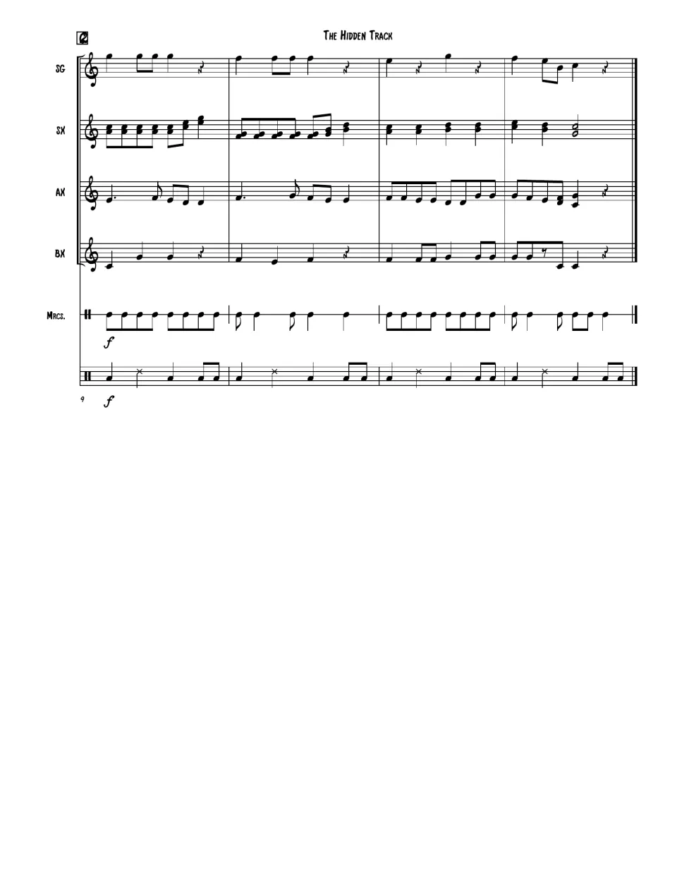 Orff ensemble score, section C, measures 9 to 12: barred instrument and percussion parts played forte to the final barline