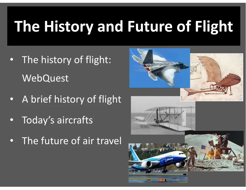 Cover: The History and Future of Flight, listing a WebQuest, a brief history, today's aircraft and the future of air travel