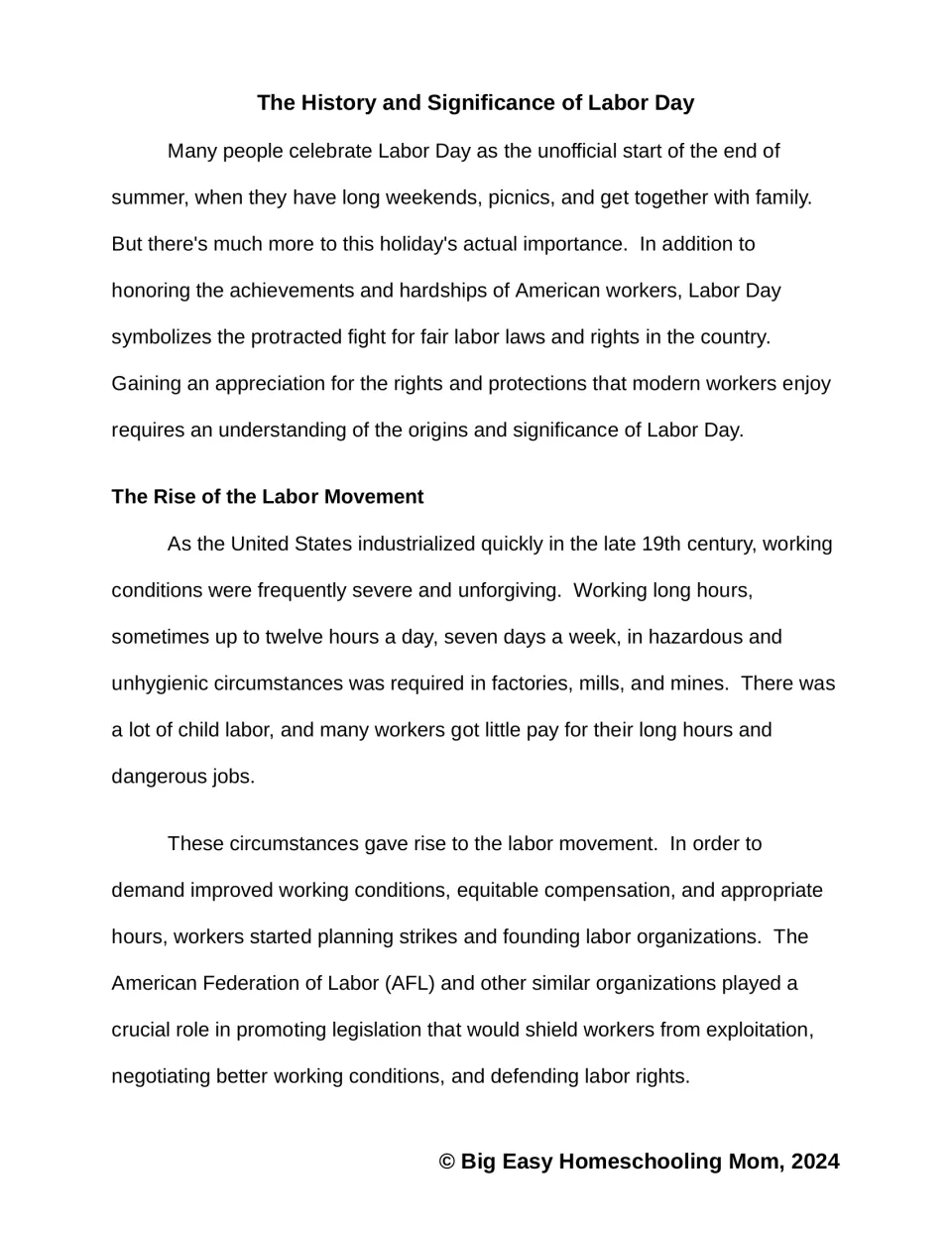 Reading passage opening explains Labor Day's purpose, harsh working conditions, and the rise of labor unions