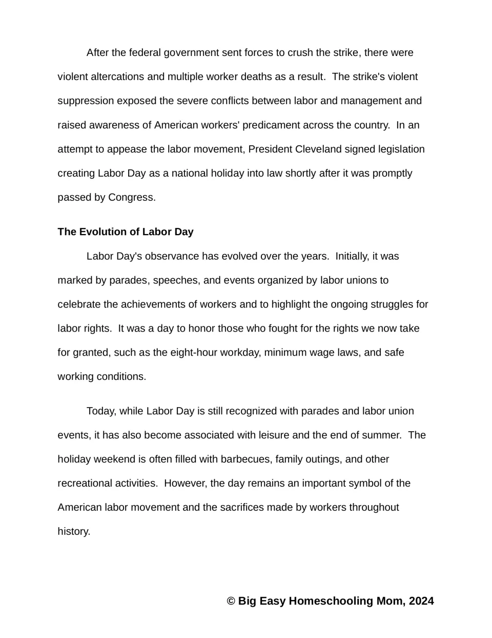 Reading passage part 3 describes the response to the Pullman Strike and changes in Labor Day observances