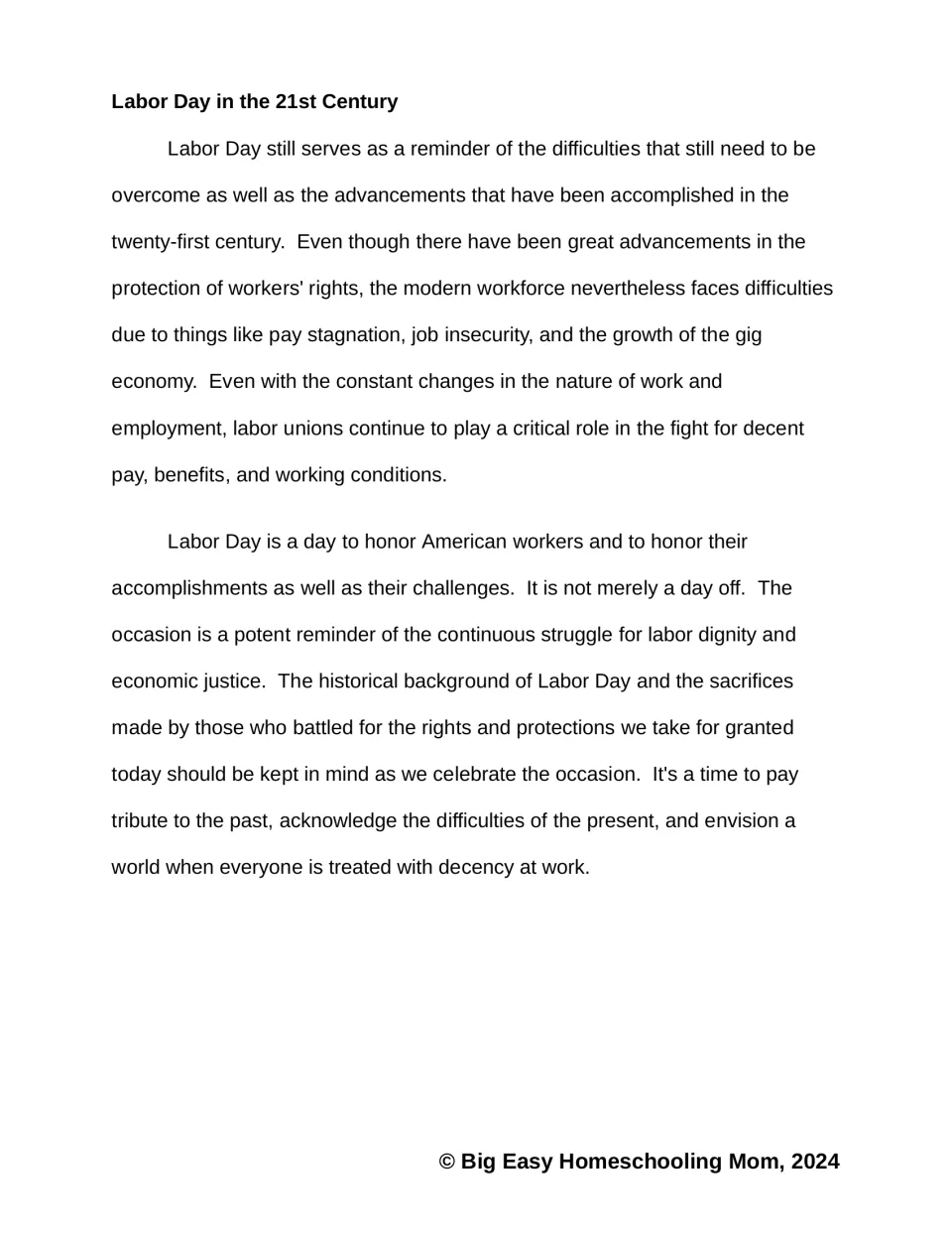 Reading passage conclusion examines modern workers' challenges, labor unions, and Labor Day's significance