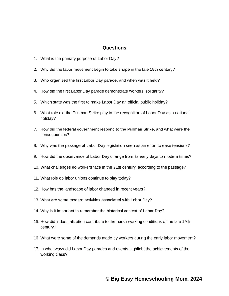 Comprehension questions 1–17 address Labor Day's purpose, early celebrations, labor disputes, and workers' rights