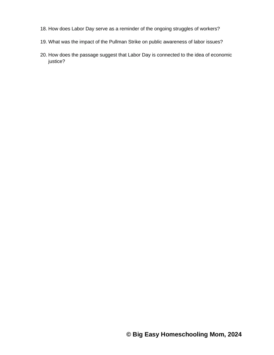 Comprehension questions 18–20 ask about workers' struggles, the Pullman Strike's impact, and economic justice