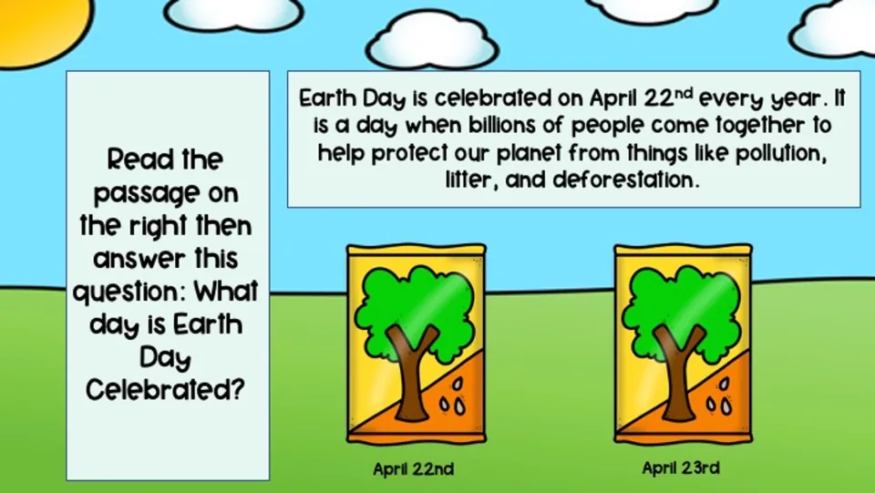 Earth Day passage and date question, with April 22nd and April 23rd as the two clickable seed-packet choices
