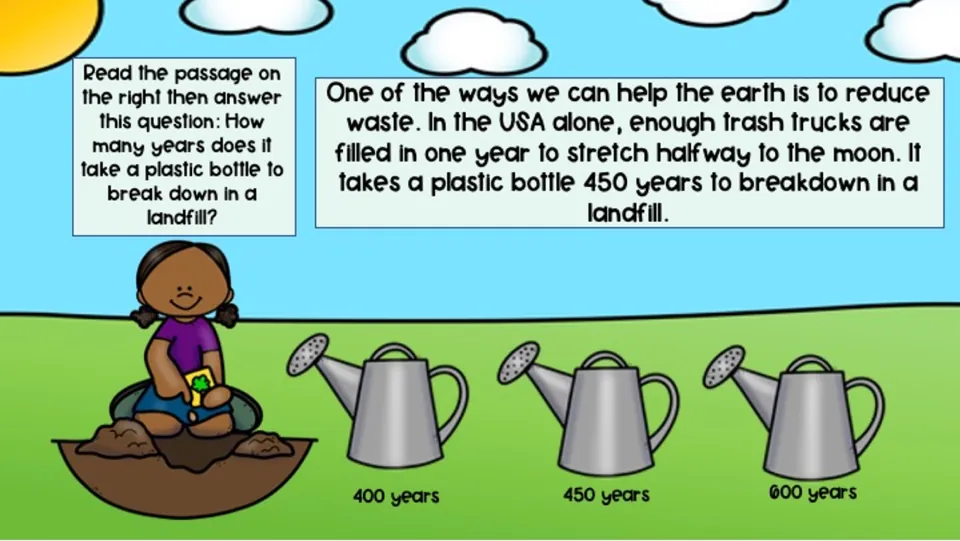 Waste passage asks how long a plastic bottle takes to break down in a landfill: 400, 450, or 600 years