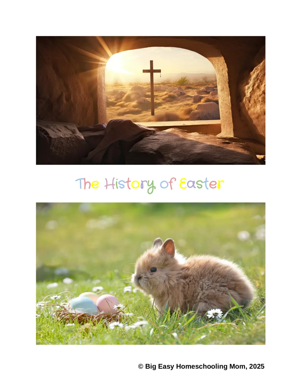 Cover of the Easter reading packet titled 'The History of Easter,' showing an empty tomb, cross, and rabbit
