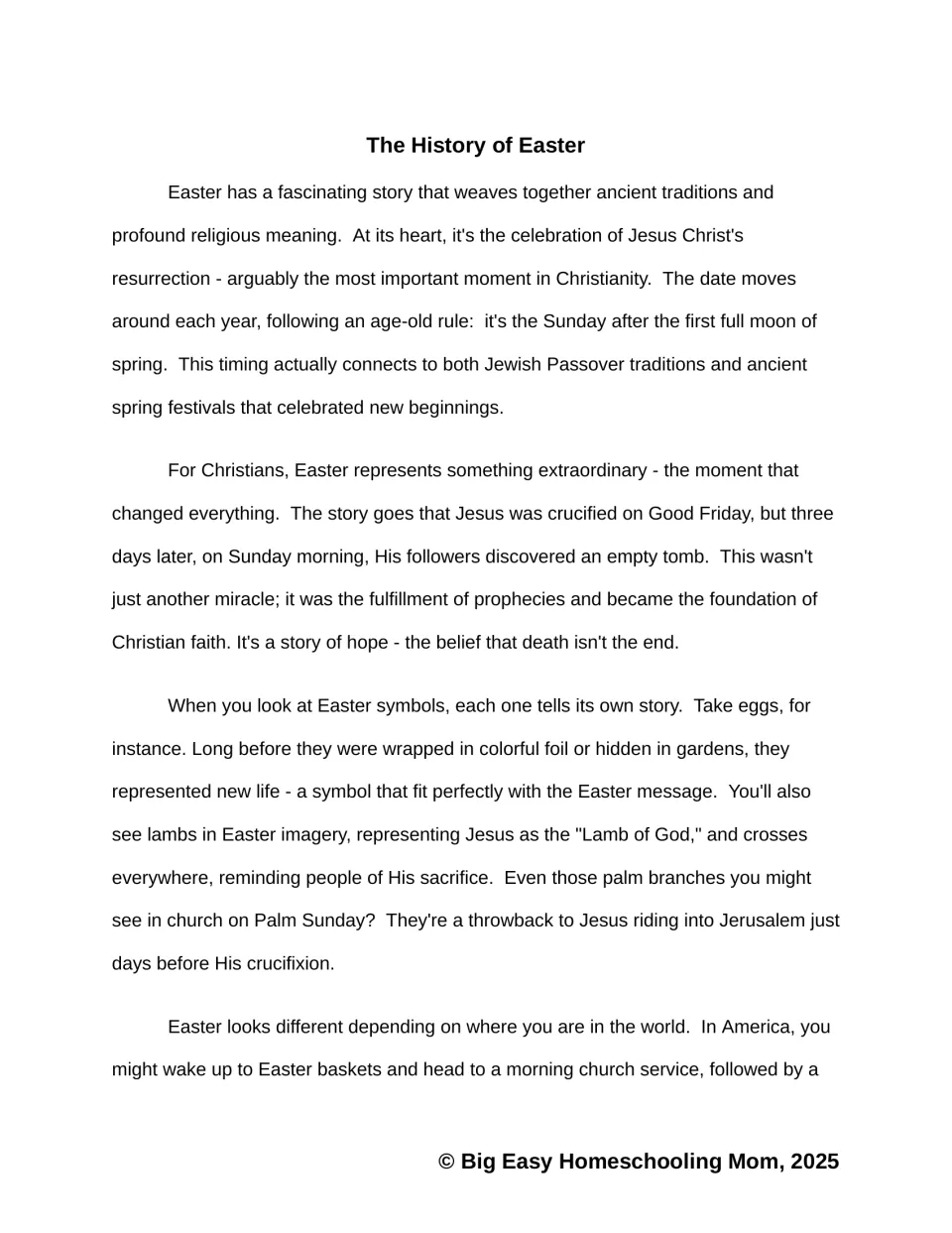 Easter passage part 1 explains Christian beliefs, the holiday's date, and symbols including eggs and lambs