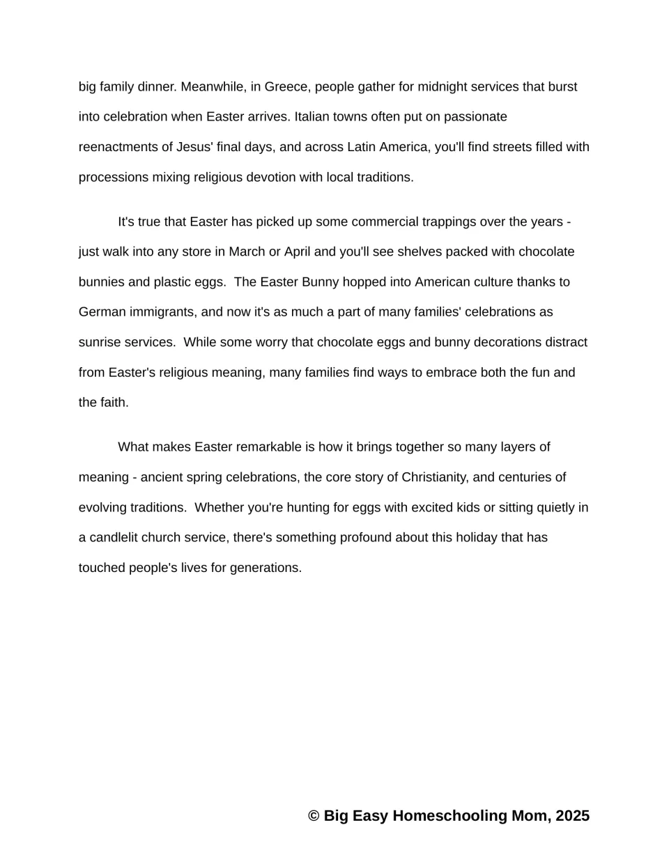 Easter passage part 2 covers worldwide celebrations, the Easter Bunny, commercial customs, and religious meaning
