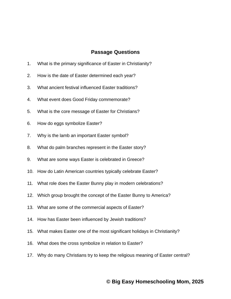 Easter passage questions 1–17 ask about Christian significance, symbols, worldwide traditions, and commerce