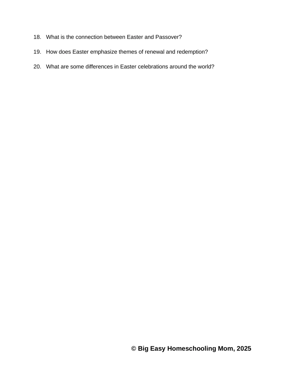 Easter passage questions 18–20 ask about Passover, renewal and redemption, and celebrations around the world