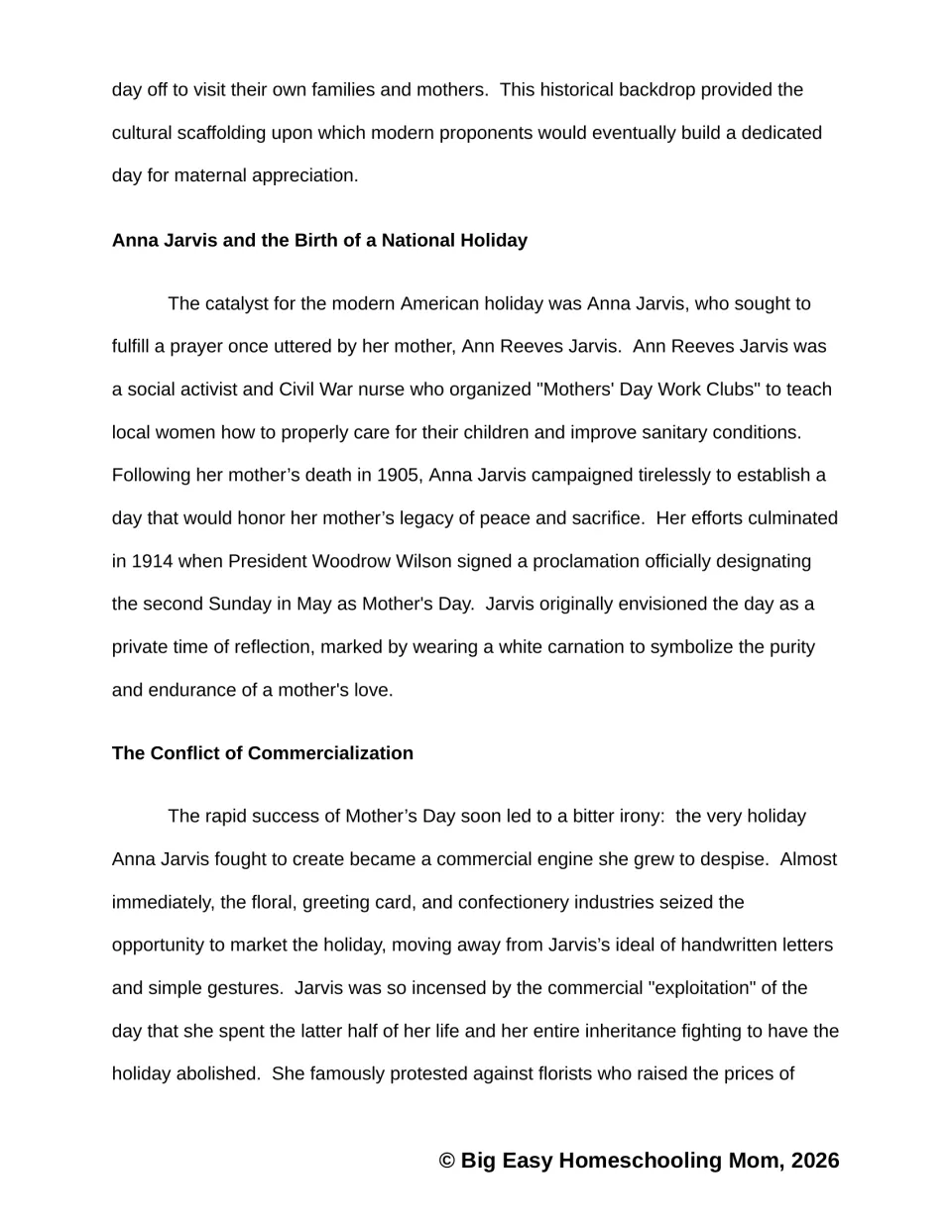 Passage on Anna Jarvis, her mother's work clubs, Wilson's 1914 proclamation and the conflict over commercialization