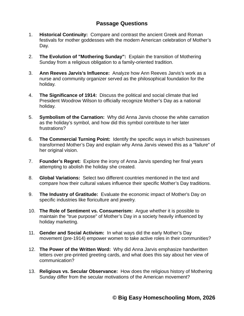 Passage Questions 1-13: students compare, explain and analyze Mothering Sunday, the carnation and founder's regret