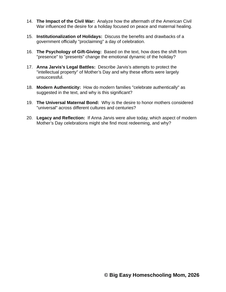 Questions 14-20 ask students to analyze the Civil War's impact, gift-giving, Jarvis's legal battles and her legacy