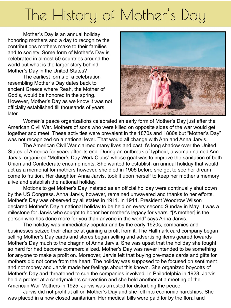 Reading passage opening: Mother's Day origins, Ann and Anna Jarvis, and the holiday's commercialization.