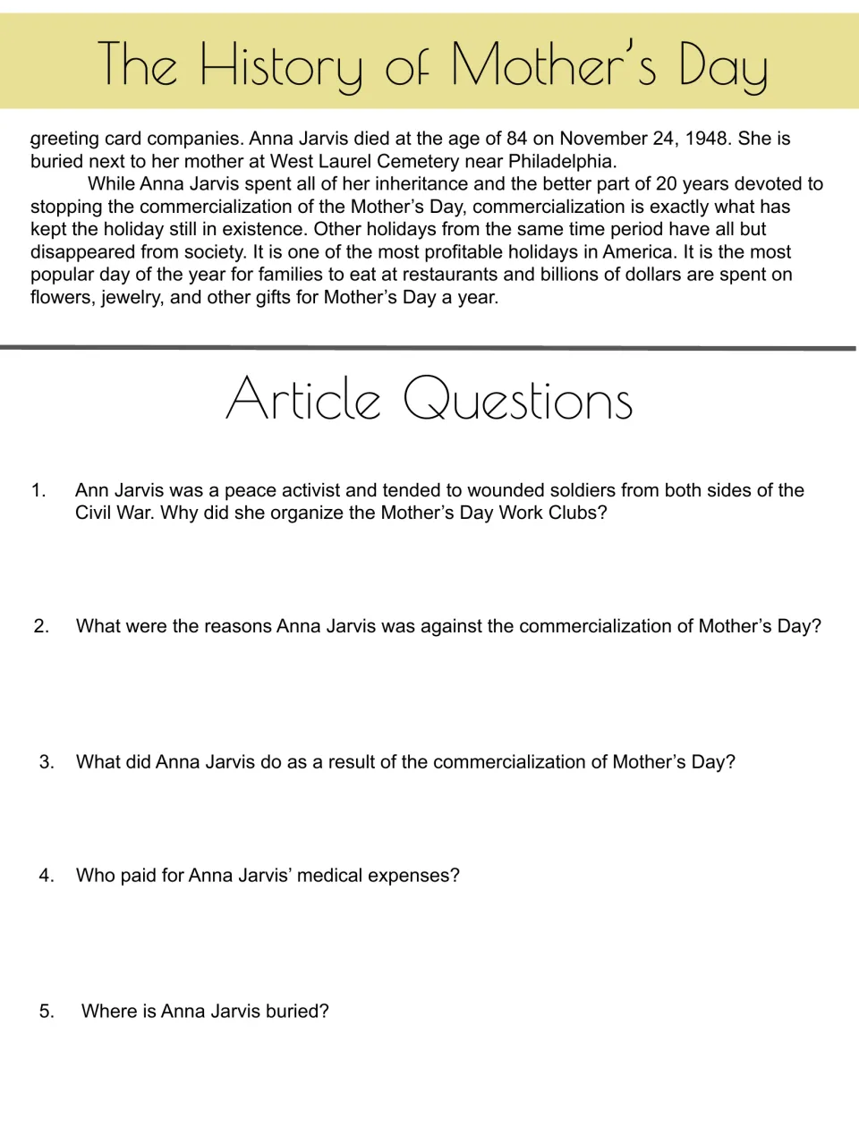 Reading passage conclusion and five questions about the Jarvis family and Mother's Day commercialization.