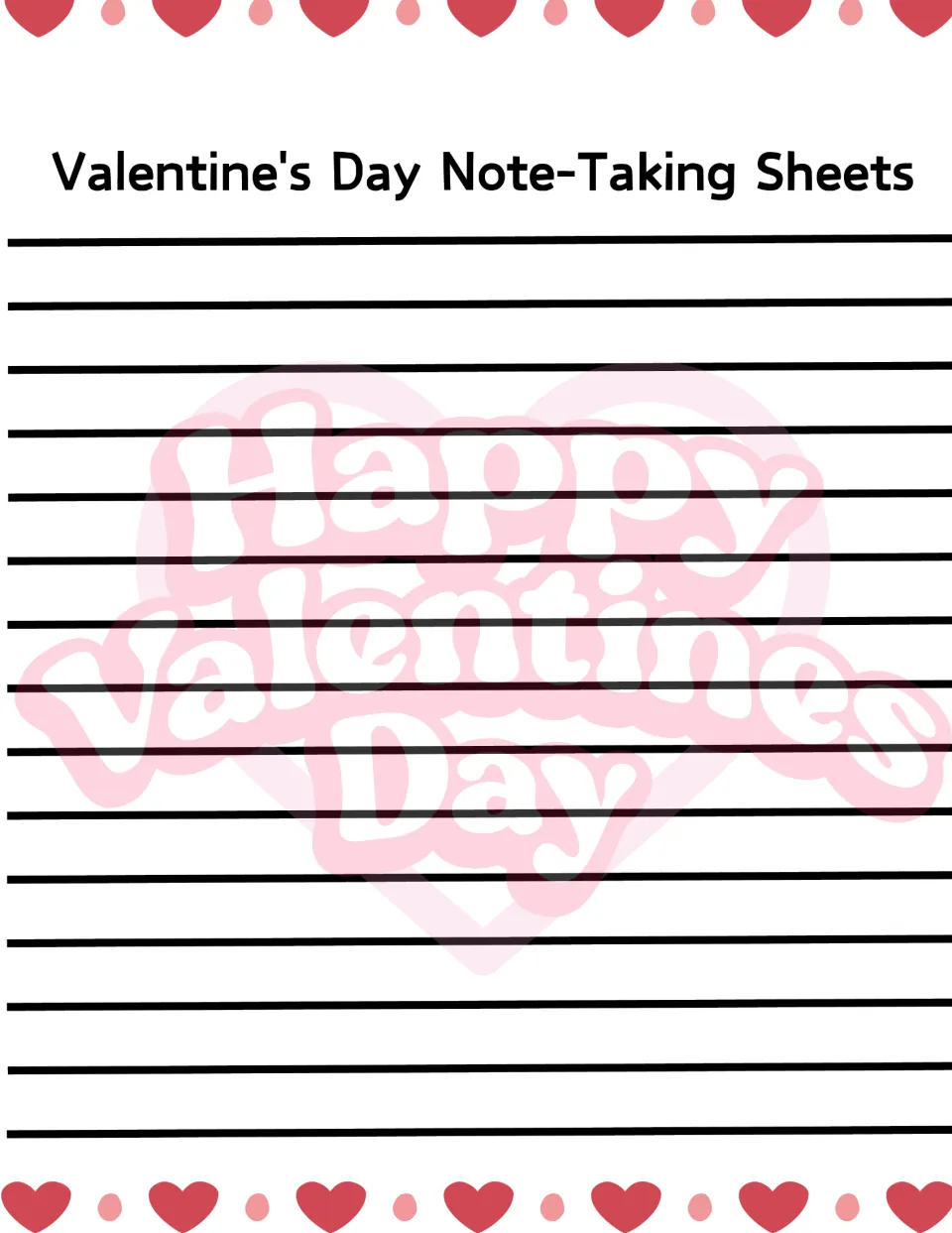 Note-taking sheet headed 'Valentine's Day Note-Taking Sheets' for notes on the holiday's history.