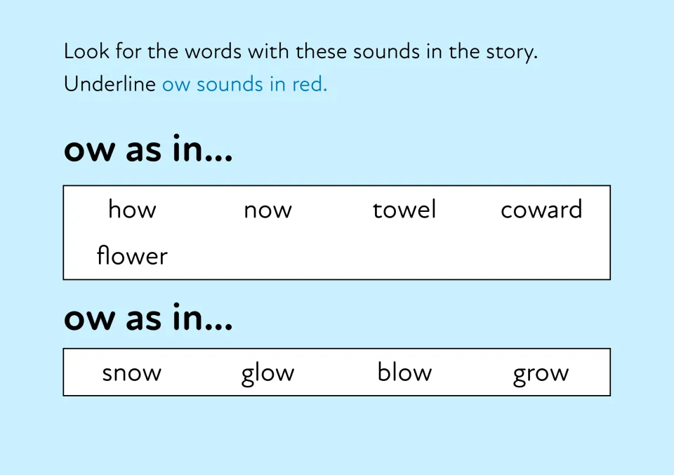 ow sound words: students underline ow in the story, comparing how, now, towel and flower with snow, glow, blow and grow