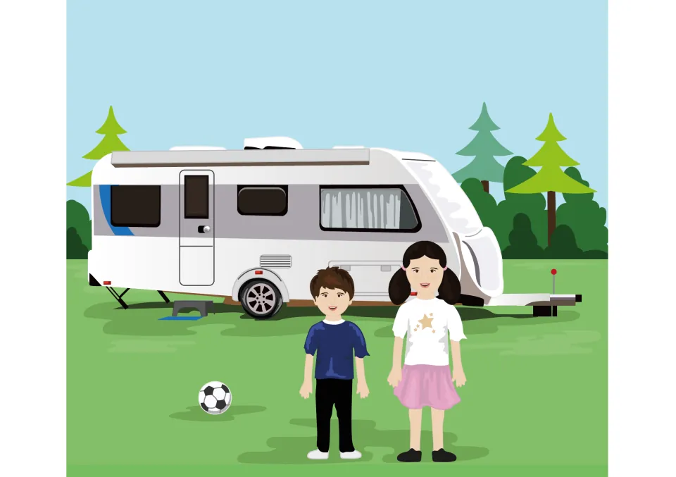 Story illustration of Sam and Kim standing on the grass in front of the family caravan, with a football nearby