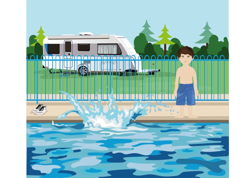 Story illustration of a big splash in the pool as Kim jumps in, while Sam stands by the fence in swim shorts