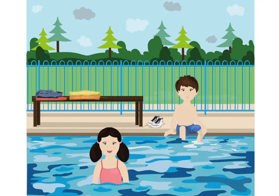 Story illustration of Kim smiling in the pool while Sam sits on the edge dipping his feet, clothes folded on a bench