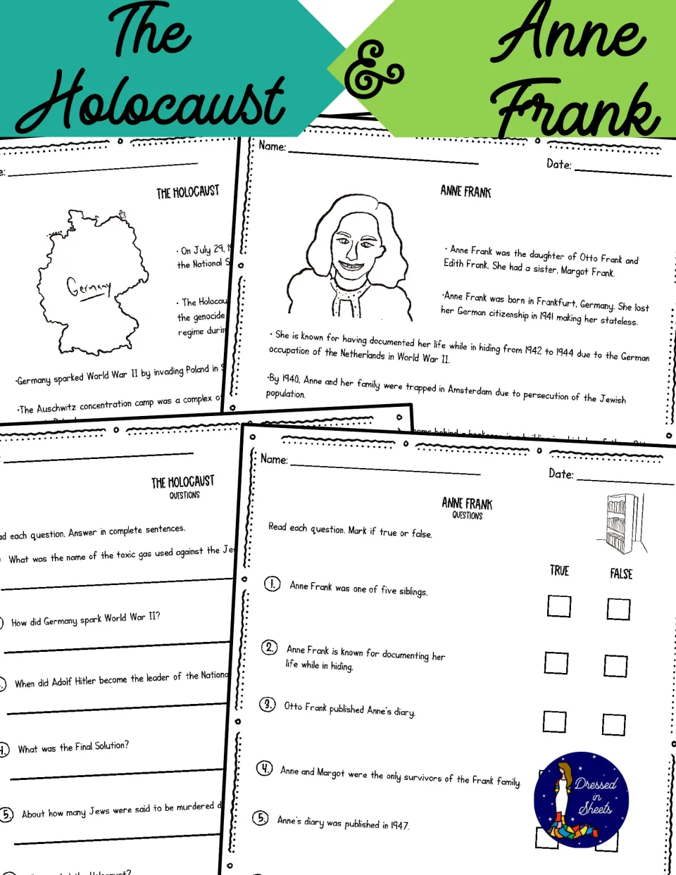 The Holocaust and Anne Frank cover previewing the readings and question sheets, with a Germany map and Anne's portrait